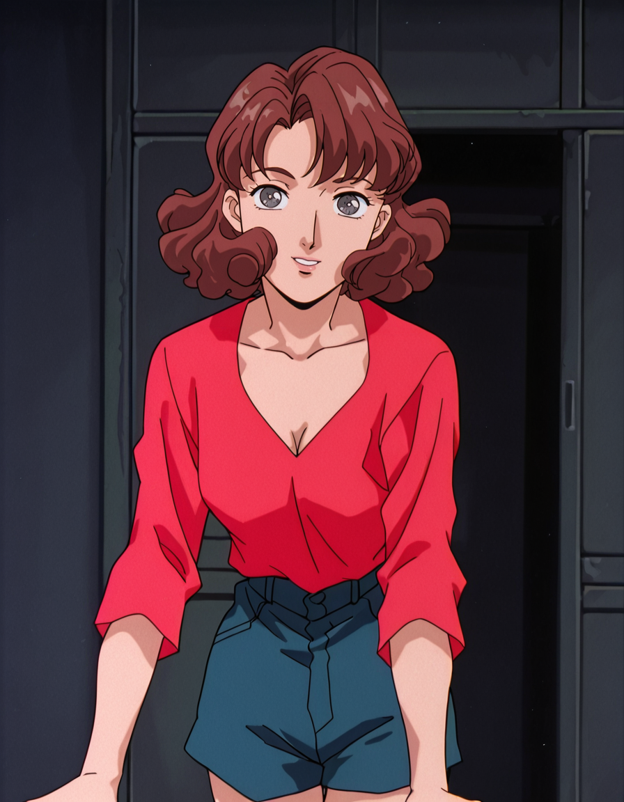 <lora:CatherineBIllustrious1.1JLFO:1> catherine, 1girl, solo, brown hair, breasts, cleavage, smile, grey eyes, red shirt, shorts, collarbone, open mouth,, short hair, , indoors, parted lips, 1990s,looking at viewer,
