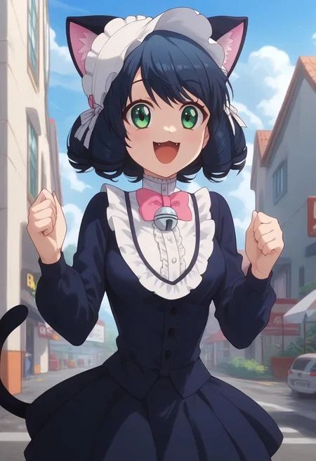 score_9, score_8_up, score_7_up, professional anime,1girl,solo,(Cyan from Show by rock!),perfect body,short girl,petite,<lora:show_by_rock_cyan:1>,1girl, short hair, black hair, green eyes, cat ears, cat tail, short dress, pink bowtie, long sleeves, bonnet, curly hair,medium breasts,happy,jumping