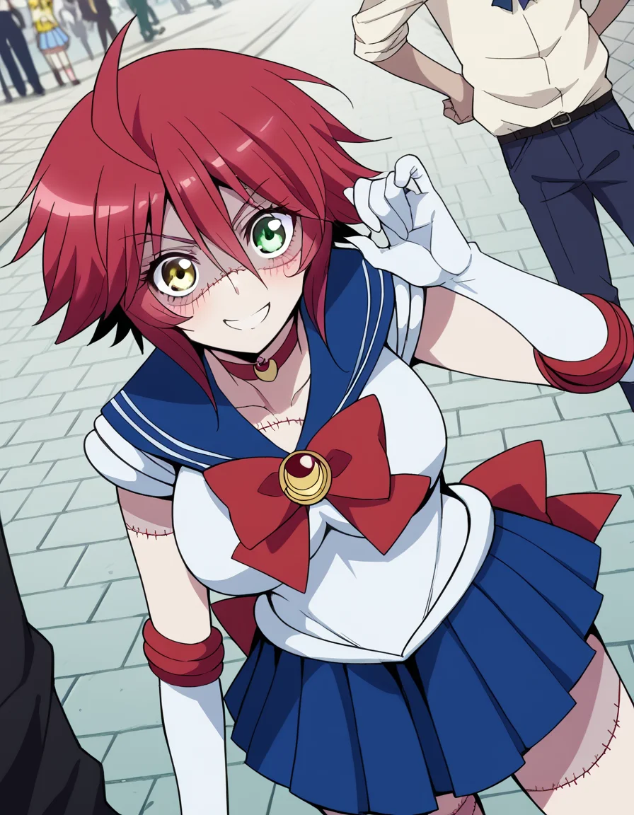 score_9, score_8_up, score_7_up, source_anime, <lora:zombina-s1-ponyxl-lora-nochekaiser:1>, zombina, short hair, large breasts, green eyes, yellow eyes, ahoge, red hair, heterochromia, stitches, zombie, patchwork skin, <lora:sailor-moon-cosplay-ponyxl-lora-nochekaiser:1>, sailormooncosplay, sailor moon (cosplay), back bow, blue sailor collar, blue skirt, boots, bow, brooch, choker, crescent moon, elbow gloves, gloves, jewelry, knee boots, magical girl, pleated skirt, red bow, red choker, ribbon, sailor collar, sailor senshi uniform, skirt, white gloves,,, outdoors, streets, smile, blush, , dutch angle,