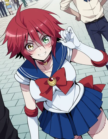 score_9, score_8_up, score_7_up, source_anime, <lora:zombina-s1-ponyxl-lora-nochekaiser:1>, zombina, short hair, large breasts, green eyes, yellow eyes, ahoge, red hair, heterochromia, stitches, zombie, patchwork skin, <lora:sailor-moon-cosplay-ponyxl-lora-nochekaiser:1>, sailormooncosplay, sailor moon (cosplay), back bow, blue sailor collar, blue skirt, boots, bow, brooch, choker, crescent moon, elbow gloves, gloves, jewelry, knee boots, magical girl, pleated skirt, red bow, red choker, ribbon, sailor collar, sailor senshi uniform, skirt, white gloves,,, outdoors, streets, smile, blush, , dutch angle,