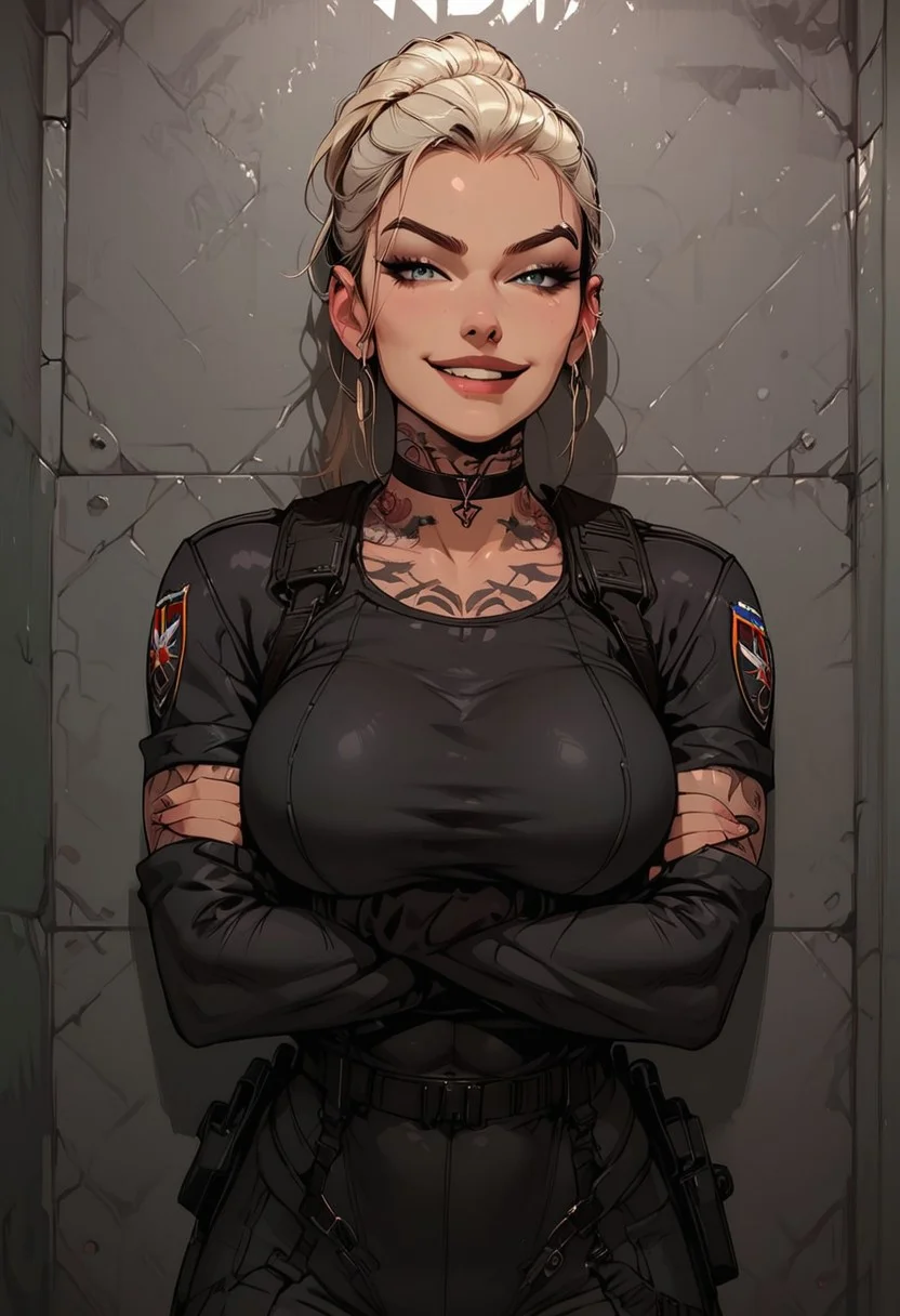 Score_9, Score8_up, Score_7_up, (((High Resolution, Best Quality))), 
1girl, solo, toned arms, Covered in Tattoos, neck tattoos, 
bodysuit, tactical, military gear, large breasts, choker, 
seducing, seductive, flirty, tender, loving, playful, looking at viewer, smirk, smug, 
Leaning against wall, arms crossed,
inside, Military bunker, military base,