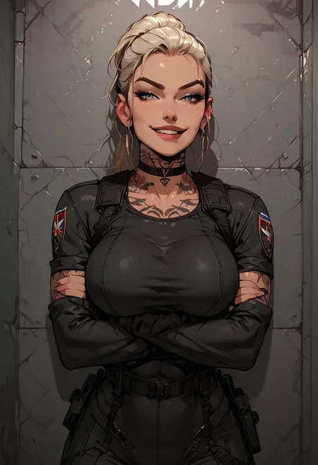 Score_9, Score8_up, Score_7_up, (((High Resolution, Best Quality))), 
1girl, solo, toned arms, Covered in Tattoos, neck tattoos, 
bodysuit, tactical, military gear, large breasts, choker, 
seducing, seductive, flirty, tender, loving, playful, looking at viewer, smirk, smug, 
Leaning against wall, arms crossed,
inside, Military bunker, military base,