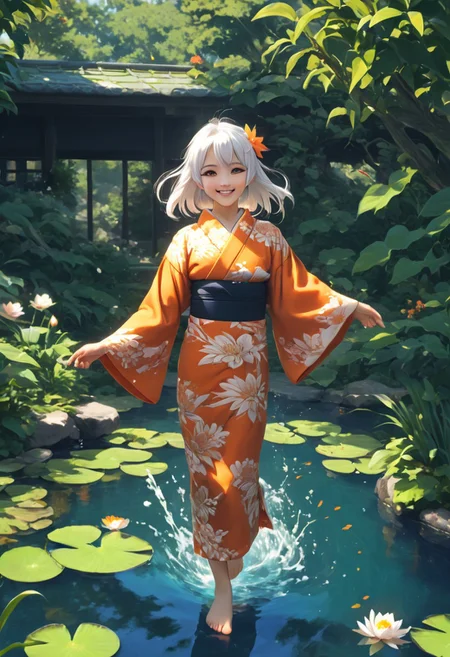 FFCB, simple Anime, Anime, masterpiece, best quality, ultra-detailed, cinematic lighting, beautiful composition, depth of field, sunlight BREAK 1girl, solo, skinny, flat chest, dynamic pose, bare feet, jump, jumping BREAK (looking at bowl), (single hand holding bowl), (single hand holding two chopsticks), ((chopsticks)), single white bowl BREAK intricate orange kimono, japanese clothes, open mouth, smile, blush, white hair, fox ears, long hair, white eyelashes, bangs, sharp canine tooth, orange eyes, ((vertical pupils)), (animal pupils), dark skin BREAK outdoors, water splashes, serene Japanese garden with koi fish swimming in a pond and water lilies (koi fish underwater) BREAK full body portrait, full body shot, half sideways