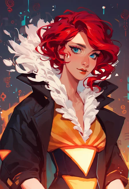 score_9, score_8_up, score_7_up, best quality, highres, 80s anime style, solo, 1girl, red hair, blue eye, Red, transistor, dress, jacket, stockings, upper body, looking at viewer, <lora:Red_Transistor:1>