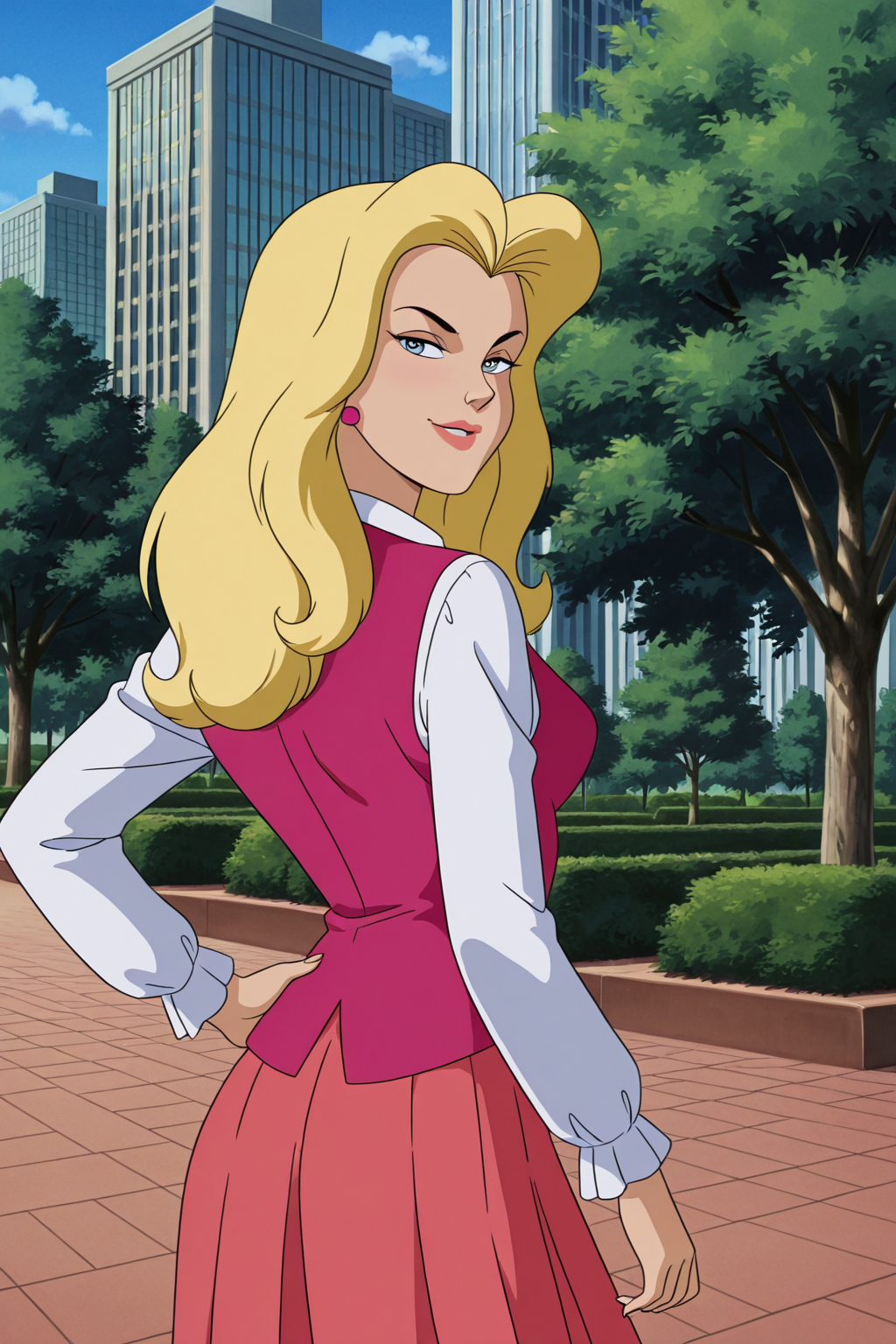 (((retro artstyle, parody)), perfect anatomy, perfect eyes, cowboy shot, from behind) BREAK <lora:BlackCatIL:1> felicia hardy, long hair, blonde hair, blue eyes, sultry eyes, naughty face, ((looking back at viewer)), jewelry, earrings, vest, long sleeves, skirt, arched back, model pose, hand on hip, city park, outdoors