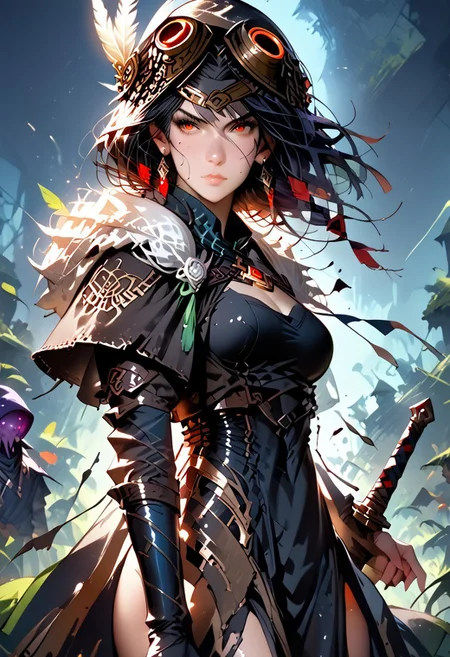score_9, score_8_up, score_7_up, rating_suggestive, one female, one person, elf, red eyes, dark skin, no armor, black hair, easynegative, negative_hand, MythAn1m3, large goggles, professor, warlock, sorcerer, glowing eldritch tattoo, raven feather mantle, large black great sword, rugged clothes, archaeologist