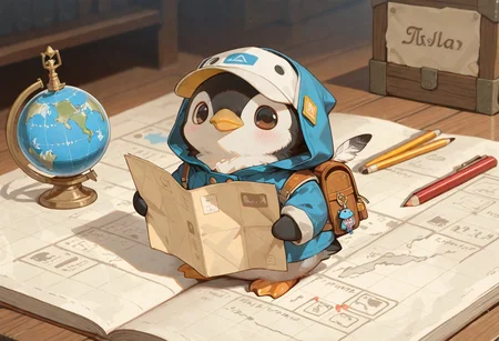masterpiece, newest, absurdres, incredibly absurdres, best quality, amazing quality, very aesthetic, newest, no lineart, no outline, no humans, animal, A full-body portrait of a cute baby penguin dressed as a little traveler, with fluffy feathers and big round eyes, wearing a miniature hooded cloak and a small explorer's cap. The penguin is holding a large map almost as big as itself, and has a tiny backpack filled with rolled-up maps, pencils, and other exploration tools. A tiny globe-shaped charm dangles from the map. The penguin stands on a rocky surface with a curious and determined expression, ready for an adventure,
depth of field, usnr, S4bit4mago_illu