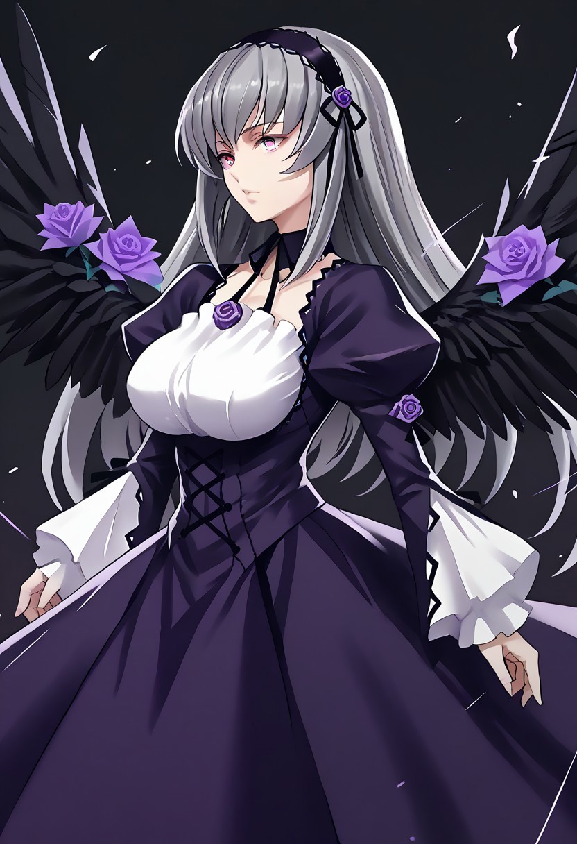 score_9, score_8_up, score_7_up, score_6_up, score_5_up, score_4_up, source_anime, solo, 1girl, 
suigintou, milf, pink eyes, grey hair, long hair, hairband, black wings, huge_breast, dress, long sleeves, puffy sleeves, frills, purple rose. 
masterpiece, best quality, very aesthetic, absurdres,