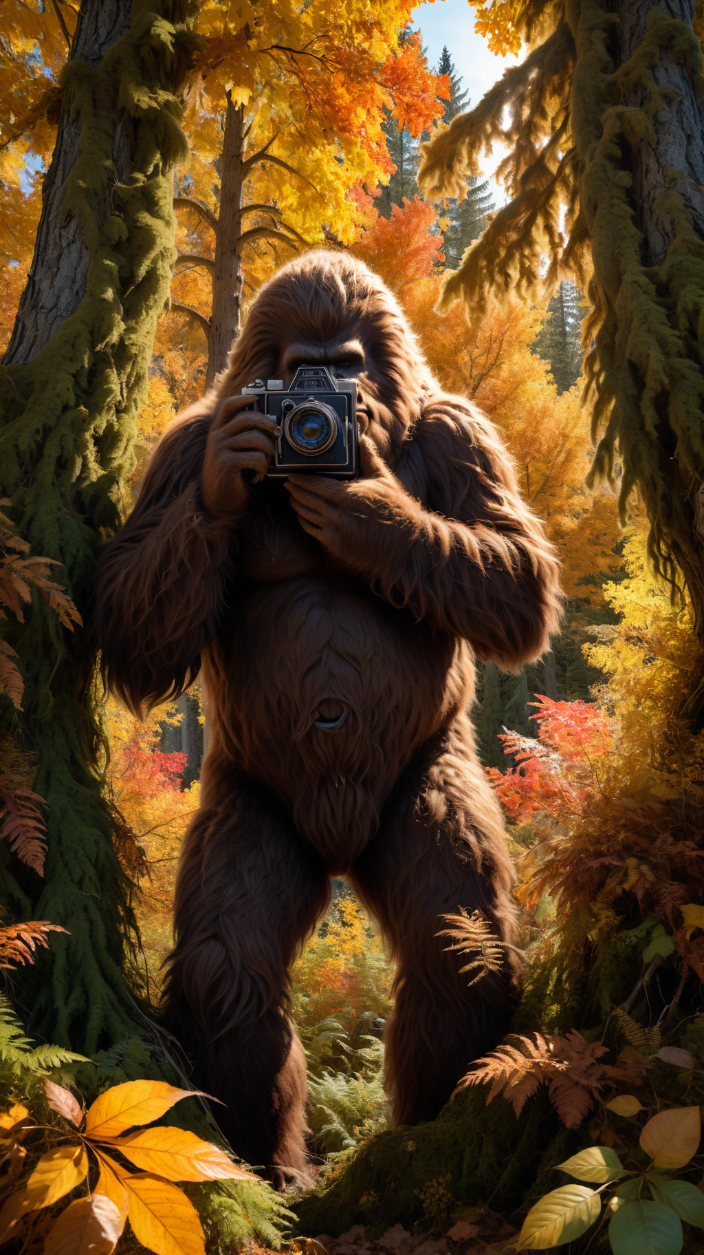 a hiding and grumpy sasquatch concealed by trees and shrubs is peeking out and taking a photo of the viewer with an antique camera, autumn,  uhd, 8k, intense lighting, award winning masterpiece, extremely detailed, detailed background, cinematic, complex and multidimensional lighting,  <lora:xl_more_art-full_v1:0.6>,