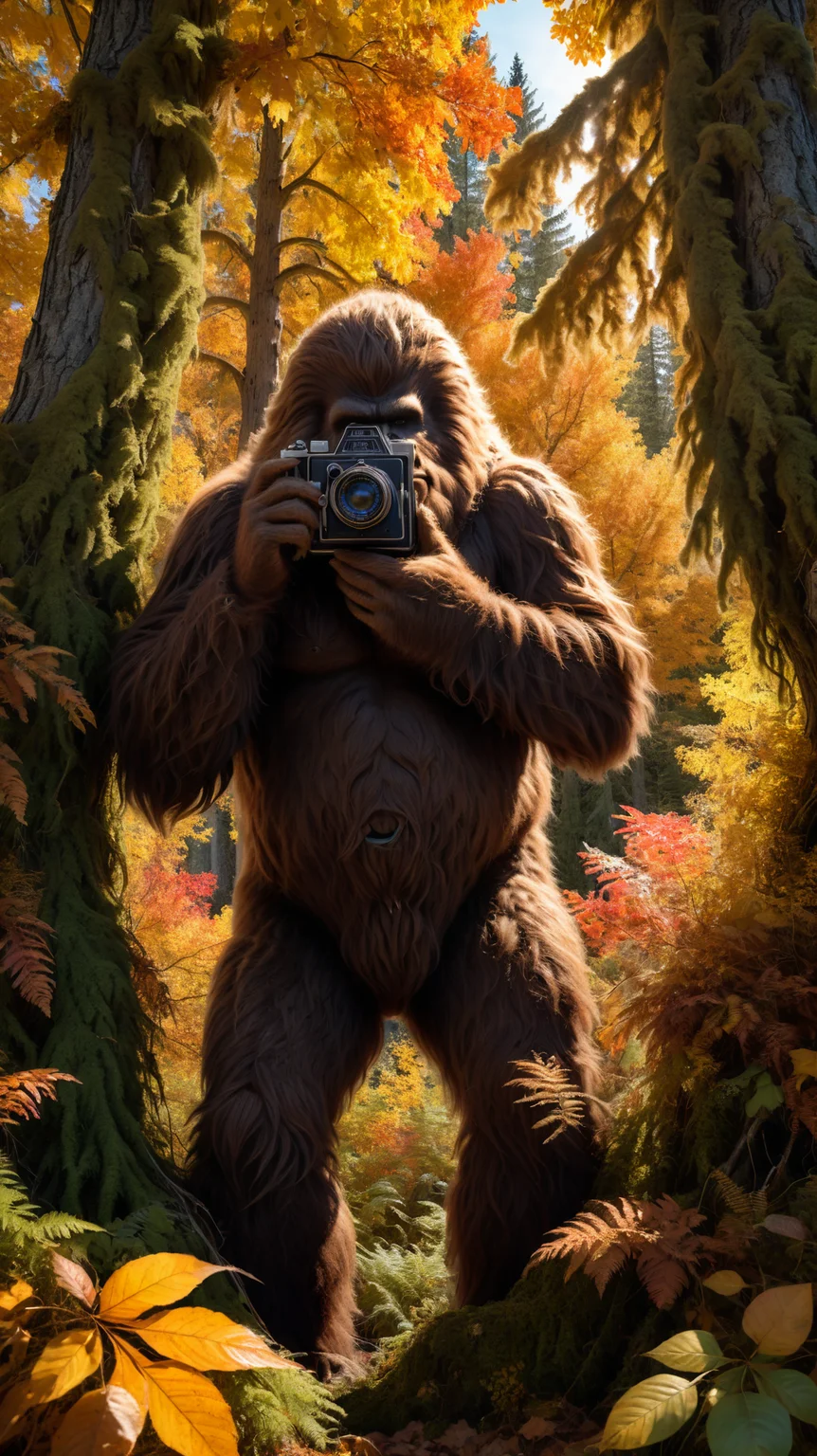 a hiding and grumpy sasquatch concealed by trees and shrubs is peeking out and taking a photo of the viewer with an antique camera, autumn, uhd, 8k, intense lighting, award winning masterpiece, extremely detailed, detailed background, cinematic, complex and multidimensional lighting, <lora:xl_more_art-full_v1:0.6>,