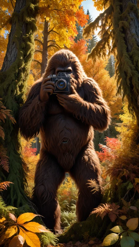 a hiding and grumpy sasquatch concealed by trees and shrubs is peeking out and taking a photo of the viewer with an antique camera, autumn,  uhd, 8k, intense lighting, award winning masterpiece, extremely detailed, detailed background, cinematic, complex and multidimensional lighting,  <lora:xl_more_art-full_v1:0.6>,