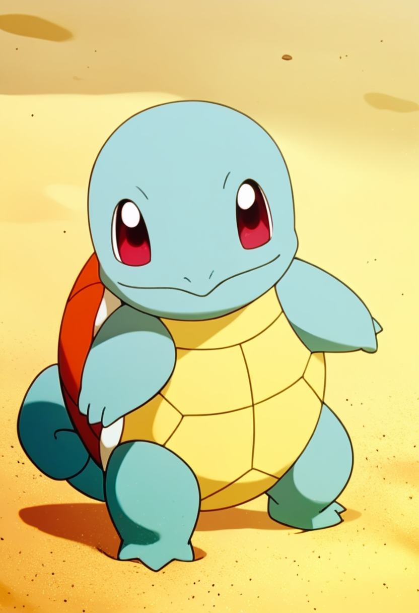 (score_9:0.9),score_8_up,score_7_up,anime style,rating_safe,(zPDXL),<lora:Squirtle ponyXL v3:1>,squirtle0007, solo, standing, smile, closed mouth, full body, outdoors, sand, day, looking at viewer