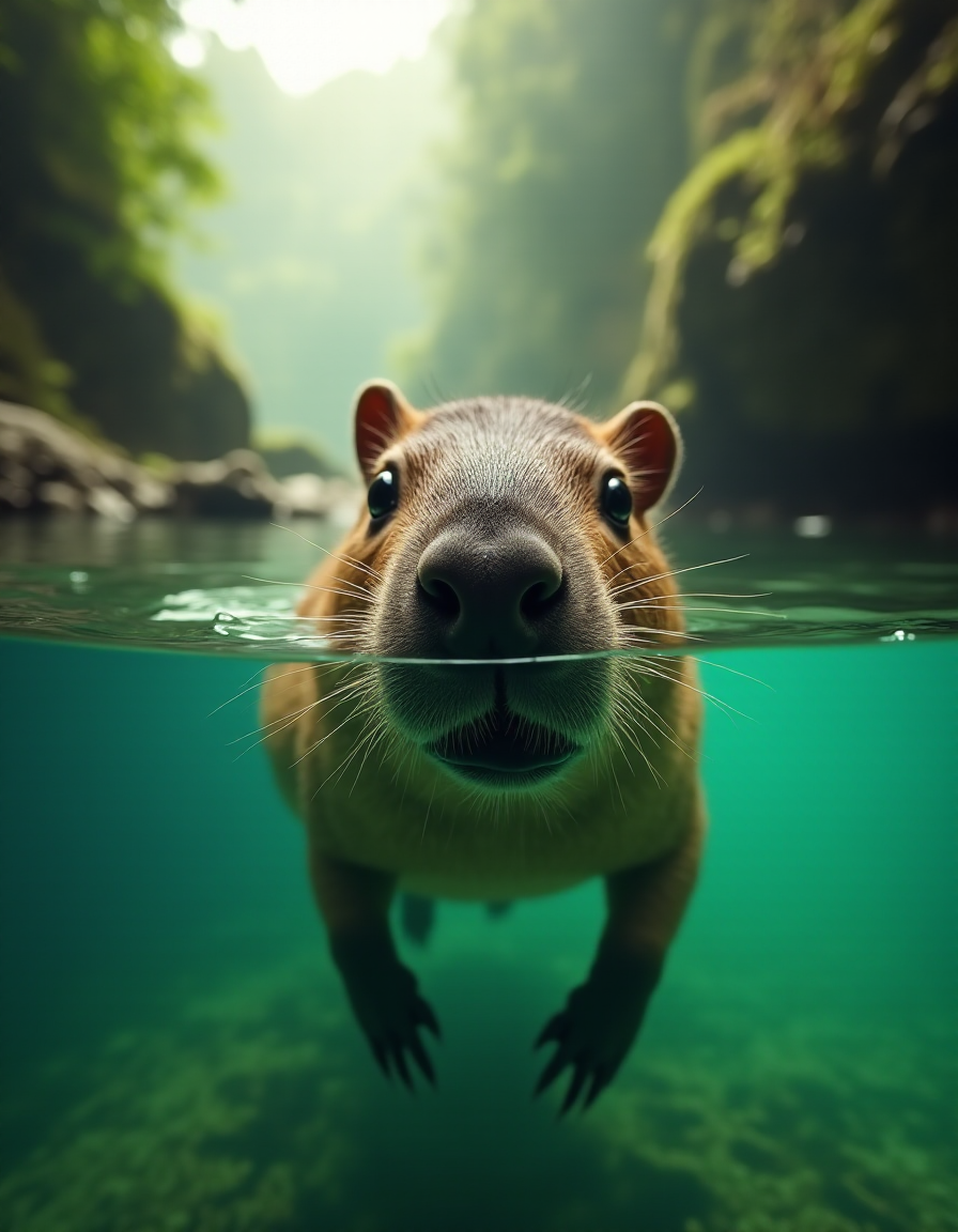 Split-shot underwater photography of a cute capybara swimming, half above and half below water surface, extreme close-up portrait, emerald green water, misty forest gorge background, soft natural lighting, curious expression with big eyes and wet nose just above waterline, detailed fur texture, ripples in water, ultra HD wildlife photography, National Geographic style, shot with wide angle lens, crystal clear water, shallow depth of field