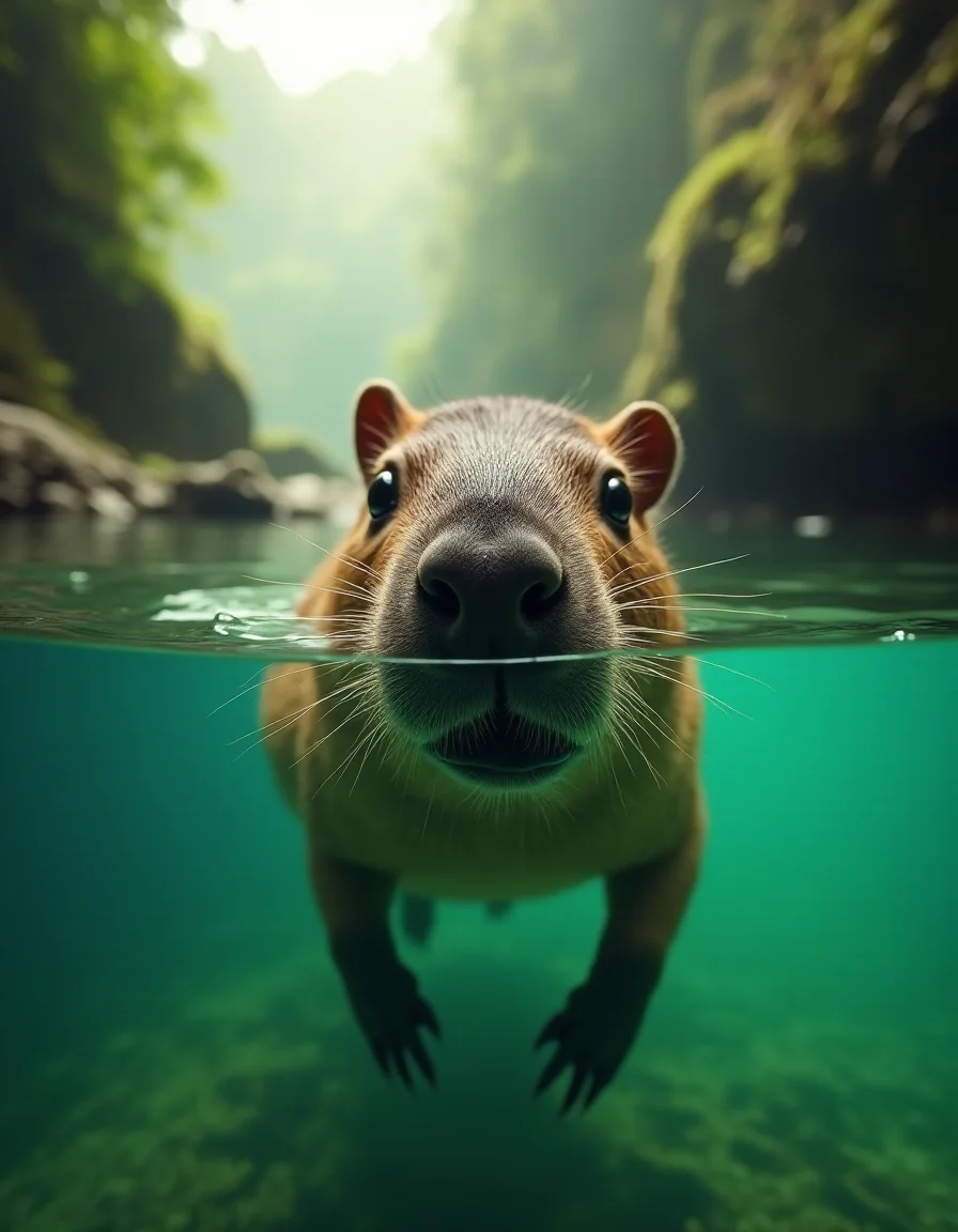 Split-shot underwater photography of a cute capybara swimming, half above and half below water surface, extreme close-up portrait, emerald green water, misty forest gorge background, soft natural lighting, curious expression with big eyes and wet nose just above waterline, detailed fur texture, ripples in water, ultra HD wildlife photography, National Geographic style, shot with wide angle lens, crystal clear water, shallow depth of field
