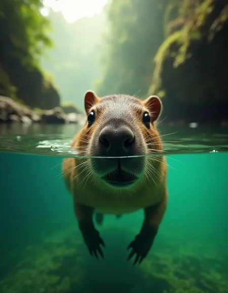 Split-shot underwater photography of a cute capybara swimming, half above and half below water surface, extreme close-up portrait, emerald green water, misty forest gorge background, soft natural lighting, curious expression with big eyes and wet nose just above waterline, detailed fur texture, ripples in water, ultra HD wildlife photography, National Geographic style, shot with wide angle lens, crystal clear water, shallow depth of field