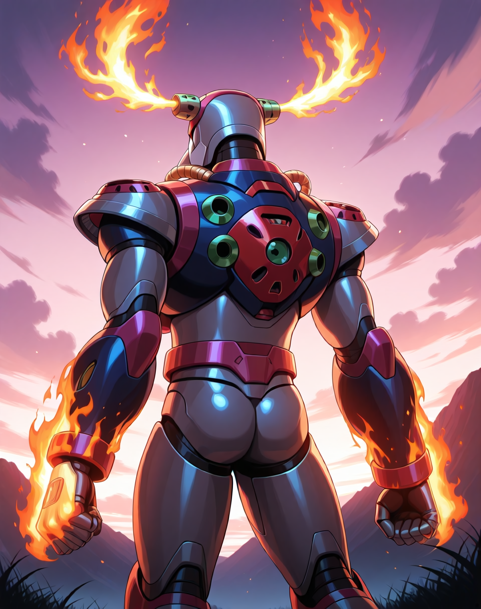<lora:Flame_Stag_(Mega_Man_X)_(Illustrious)_(AD):1.35> Flame Stag, reploid, MMX, 
exterior, sky with clouds, grassy valley,
male focus, intense shadows, dynamic shadows, intricate details, attention to details, gradient coloring, bright vivid colors, robot, bent leg, glossy metal body, dynamic action, cowboy shot, back view, butt, 
BREAK very awe, masterpiece, best quality, amazing quality, very aesthetic, highres, absurdres, photographic realism, 8K CGI render,
EZRealPONYXL, zPDXL, Smooth Quality, lazynsfw,