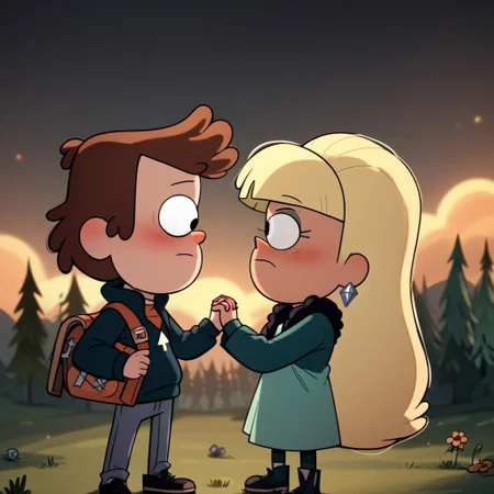 score_9, score_8_up, score_7_up, score_6_up, score_5_up, score_4_up, 1boy, 1girl, DipCif, holding hands, looking at each other, blushing, in the woods, rich colors