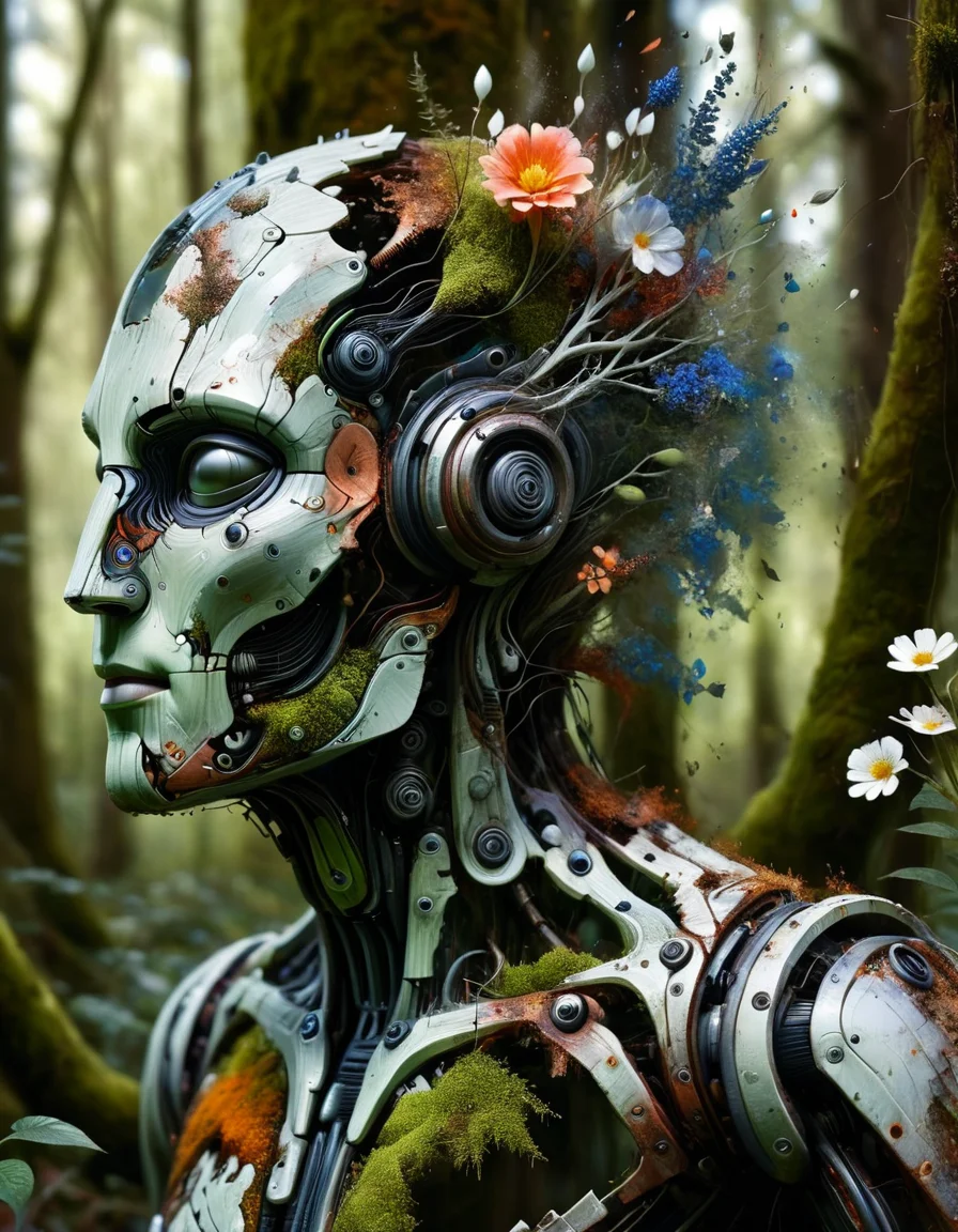 film filter, Hyper-realistic, halfbody shot of a android, lost in forest, scifi , old prosthetics , covered in lush, wild flowers and nature, cracked face, illuminated, rusted old metal, realistic, elegance, sophisticated, moss, (photorealistic:1.5), iron face rust, detailed, realistic, hyper realistic, highly detailed, depth of field, 32k, aura of power, renaissance painting, slice of life, fine art painting, lush, classical realism, poster, Figurative, oil, unilalianism, Historical mystery <lora:ral-dstgrtptrn-sdxl:1> made out of ral-dstgrtptrn