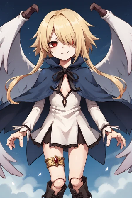 score_9, score_8_up, score_7_up, source anime, <lora:backgroundsetXL:0.3> , background, BREAK, solo, looking at viewer, <lora:No._367__Sannrokunanagou:0.7> , thrdef, 1girl, red eyes, blonde hair, long hair, medium hair with long locks, (hair over one eye), wings, feathered wings, white wings, dress, white dress, short dress, blue cloak, popped collar, neck ribbon, black ribbon, (center opening), long sleeves, smile, smirk, evil, madness, insanity, thighlet, boots <lora:BJD:0.8> , 1girl, BJD, doll, joints, <lora:moshimoshibe:0.7> , moshimoshibe,