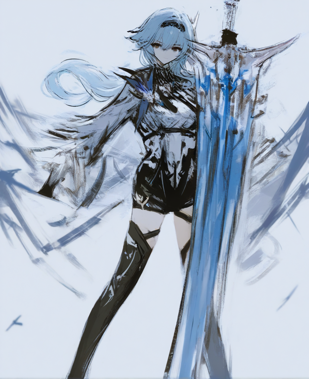score_9, score_8_up. score_7_up,  <lora:tudasix-000024:1>
1girl, eula (genshin impact), solo, weapon, thighhighs, sword, blue hair, greatsword, hairband, looking at viewer, breasts, bangs, necktie, long sleeves, blue necktie, black hairband, black thighhighs, leotard, long hair, closed mouth, white background, sketch, cape