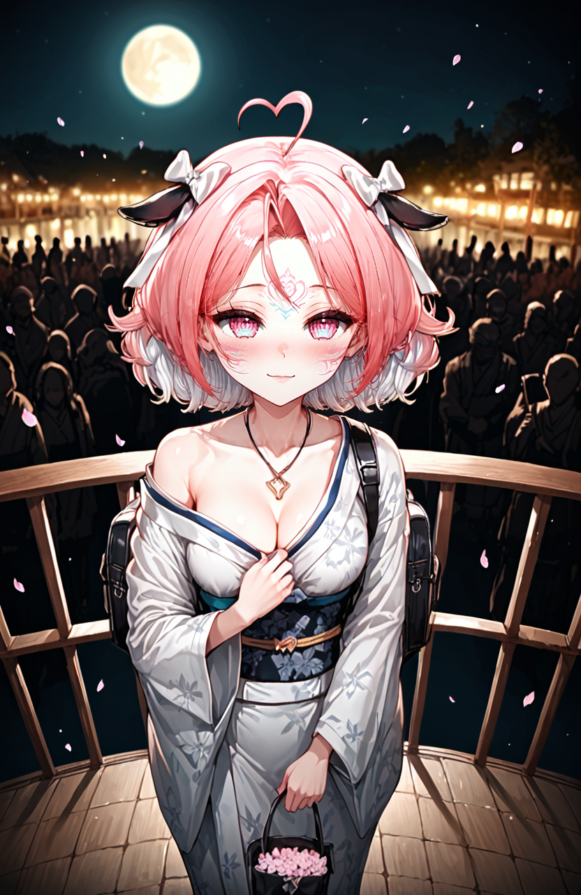 score_9,score_8_up,score_7_up,((anime)),by nakiusagi,by t zhonglang,by rikudou inuhiko,rating: explicit,nsfw,
<lora:isha_ta_v2>,ishavd,multicolored hair,pink hair,white hair,heart ahoge,ahoge,pink eyes,facial mark,
shy smile,blushing,fisheye,looking away,side view. selfie angle with full body shot. aerial close up face shot,high angle selfie,public-exhibitionism,crowd,outdoors,rating_questionable,by sura sura,bow,cleavage,cow ears,cow girl,floral print,hair bow,japanese clothes,jewelry,kimono,long sleeves,mask,mask on head,necklace,off shoulder,wide sleeves,backpack,blush,closed mouth,grin,holding,holding bag,looking at viewer,smile,solo,standing,bird,blurry,cherry blossoms,cowboy shot,depth of field,petals,
<lora:Expressive_H:0.6>,expressiveh,sexy,
<lora:S1_Dramatic_Lighting_v2:0.2>,s1_dram,<lora:Neon_Splash_Art_for_Pony:0.3>,mad-cbrpnksplshrt,<lora:sinfully_stylish_PONY_0.2:0.3>,moody lighting,sinfully,dramatic lighting,
balcony,night,moonlight,full moon,