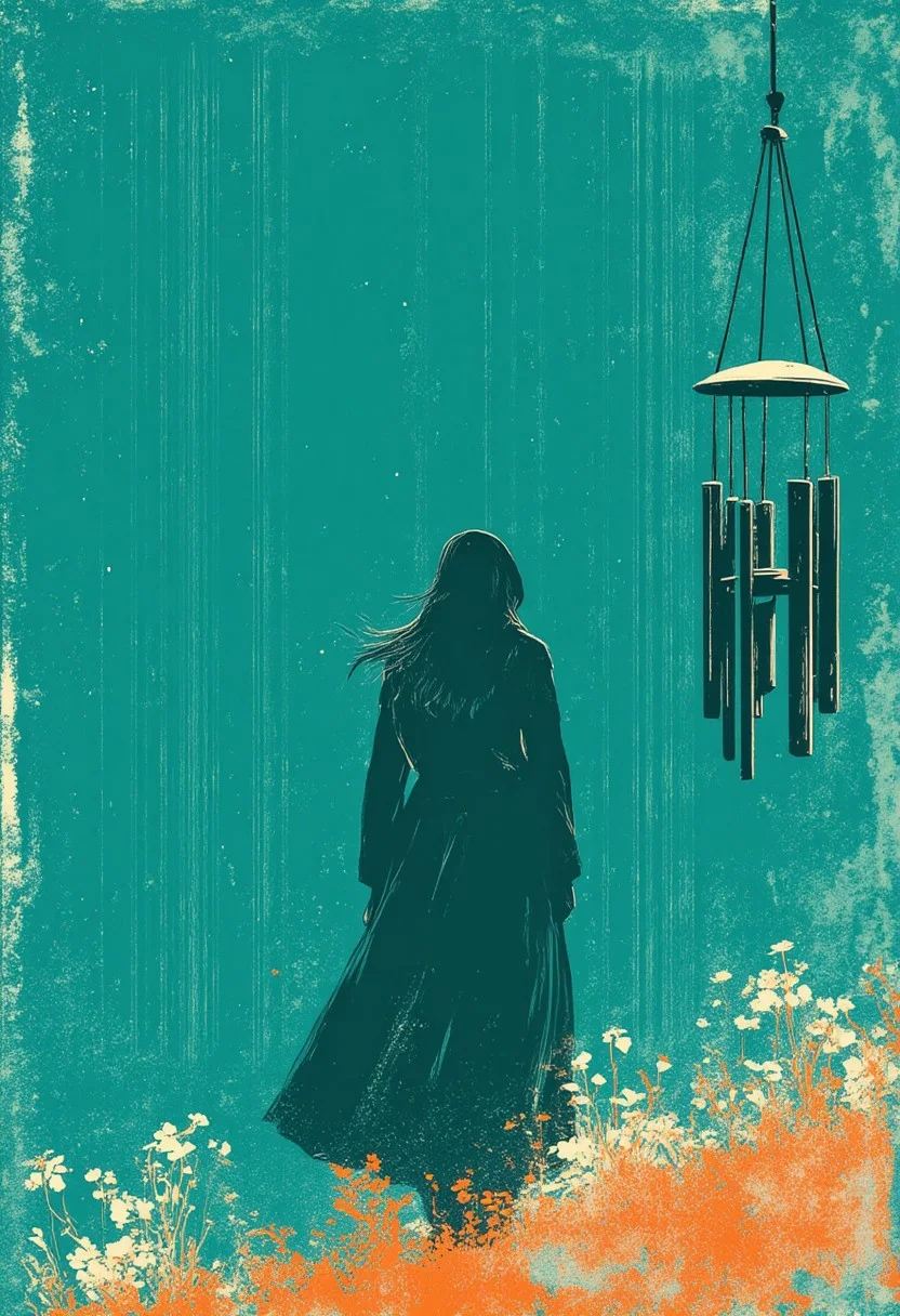 gritty graphic illustration
(muted turquoise palette,texture is polariod film)A woman standing with her back turned, facing the rainy street, dressed in a flowing dark coat that sways in the wind, her long black hair damp from the rain — beside her, a black wind chime sways gently, glowing subtly in the moody turquoise atmosphere, white wildflowers bloom at her feet, all rendered in ultra-realistic, cinematic lighting with a teal-and-crimson color palette, soft depth of field, and dramatic rain streaks