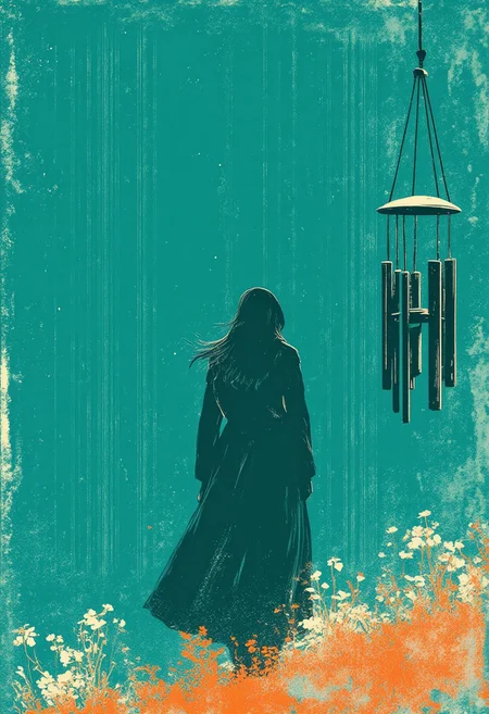 gritty graphic illustration
(muted turquoise palette,texture is polariod film)A woman standing with her back turned, facing the rainy street, dressed in a flowing dark coat that sways in the wind, her long black hair damp from the rain — beside her, a black wind chime sways gently, glowing subtly in the moody turquoise atmosphere, white wildflowers bloom at her feet, all rendered in ultra-realistic, cinematic lighting with a teal-and-crimson color palette, soft depth of field, and dramatic rain streaks