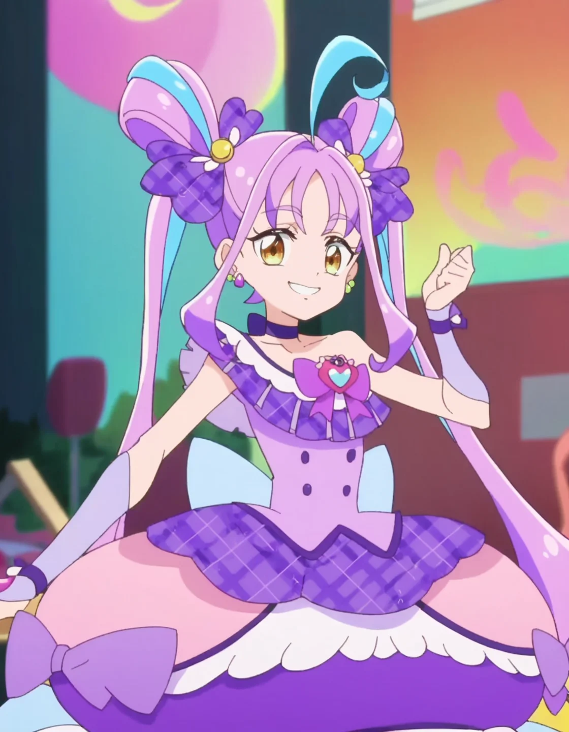 score_9, score_8_up, score_7_up, anime screencap,solo,1girl,curekyunkyun, purple choker, jewelry, dress, looking at viewer, magical girl, earrings, choker,dress, bow, wrist cuffs, hair ornament,small breasts,smile<lora:curekyunkuyn_pony:0.8>