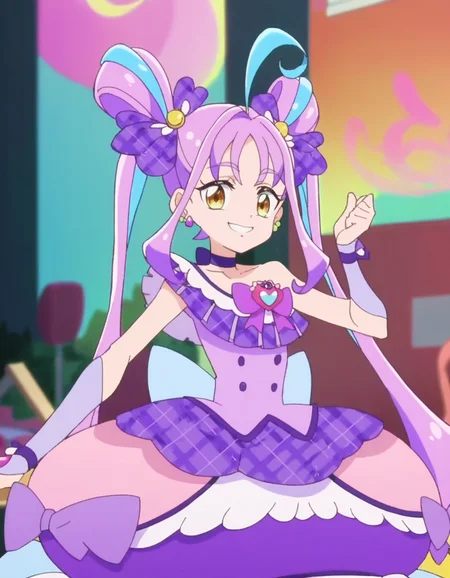 score_9, score_8_up, score_7_up, anime screencap,solo,1girl,curekyunkyun, purple choker, jewelry, dress, looking at viewer, magical girl, earrings, choker,dress, bow, wrist cuffs, hair ornament,small breasts,smile<lora:curekyunkuyn_pony:0.8>