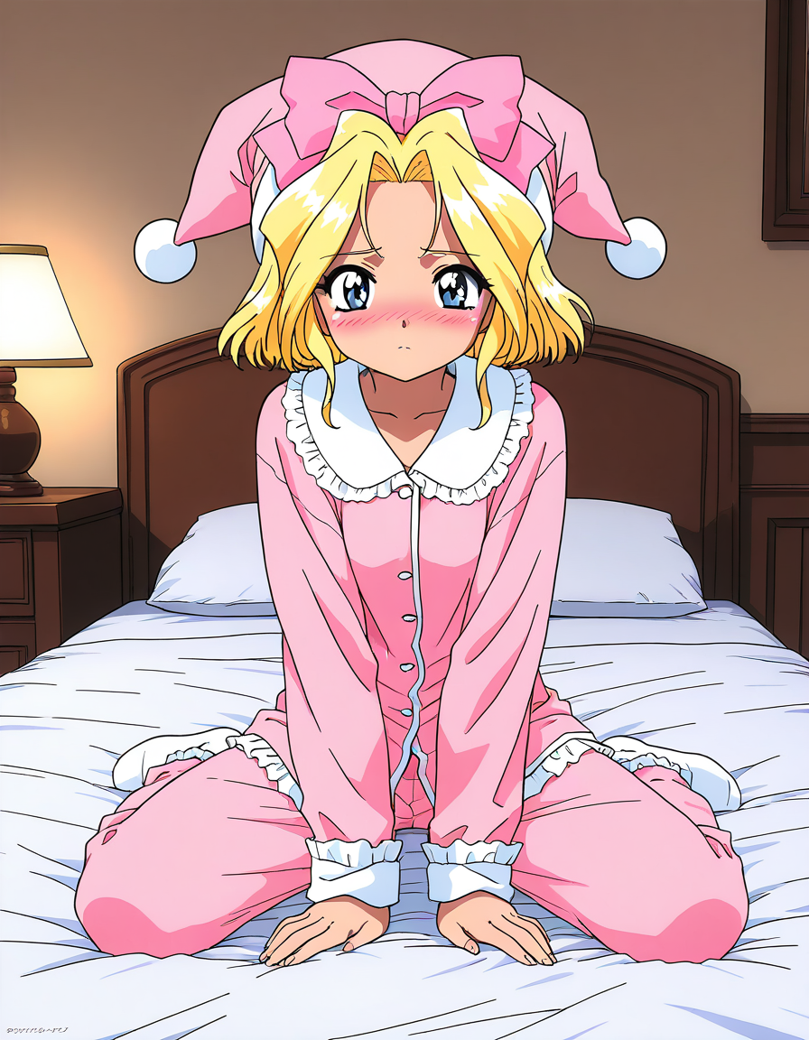 masterpiece, best quality, good quality, <lora:Iris_Chateaubriand_IS:1>  IrisChateaubriand, blonde hair, pink bow, blue eyes, hair bow, short hair, blush, pink pajamas, hat, bed room, 1990s (style)
Show less