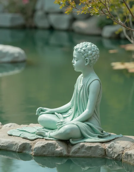 touch of verdigris style photograph, the emotion of serenity as a gentle figure meditating by a tranquil pond, with soft pastel colors and harmonious surroundings
