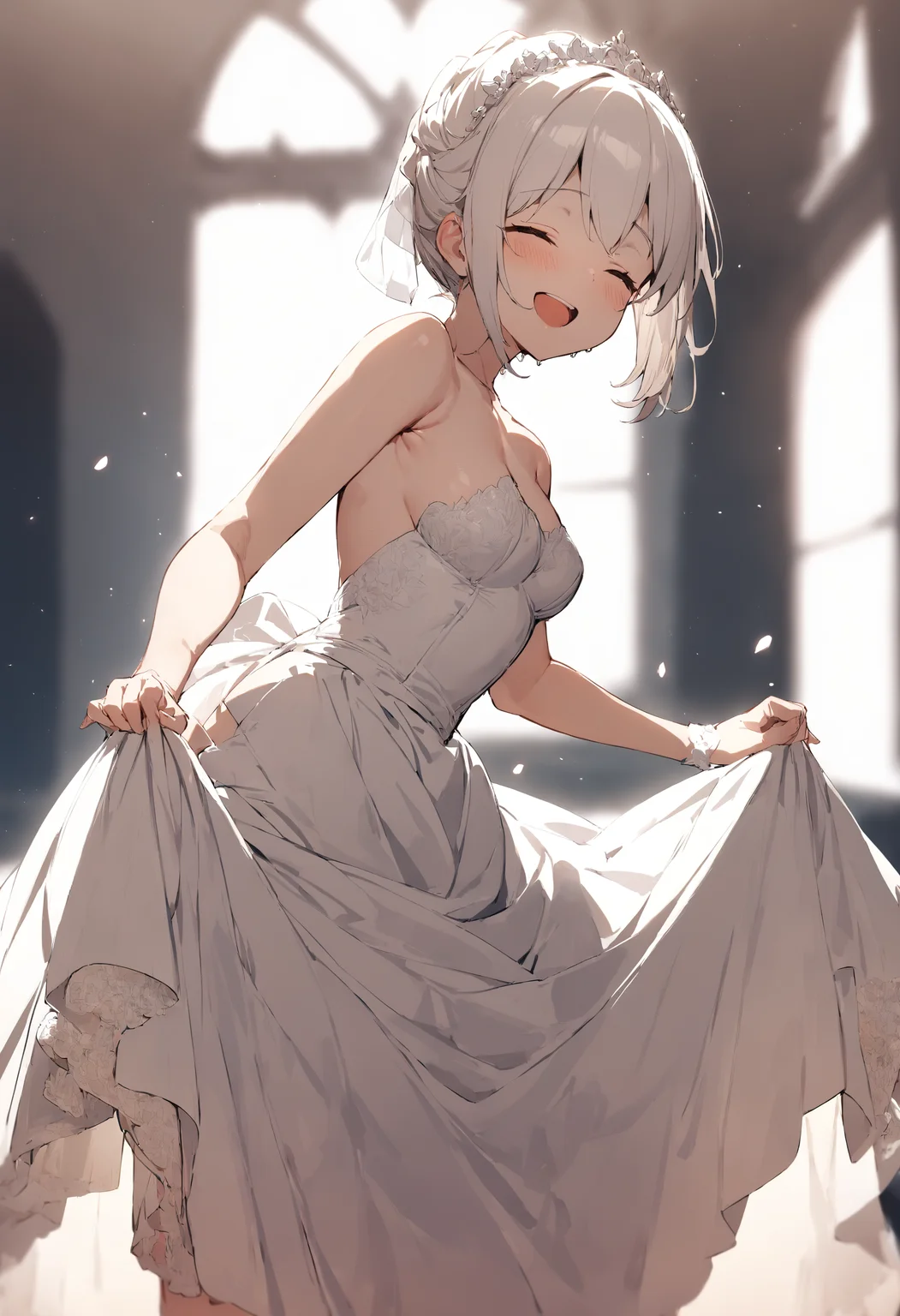 1girl, skirt hold bowing, smile, looking at viewer, white dress, wedding dress, closed eyes, open mouth, [from side, looking back::0.2],
masterpiece, best quality, very aesthetic, absurdres
<lora:skirt_hold_bowing_animagine_d16:1>