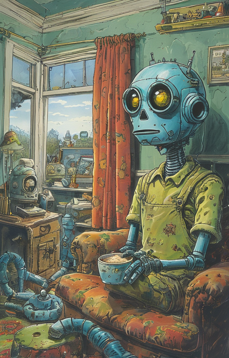masterpiece,best quality,<lora:tbh279-sdxl:0.9>,illustration,style of Rob Rogers portrait of Housework robots