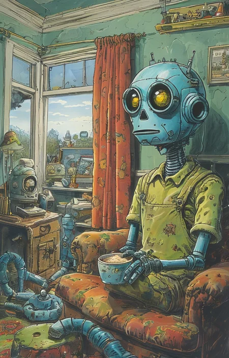 masterpiece,best quality,<lora:tbh279-sdxl:0.9>,illustration,style of Rob Rogers portrait of Housework robots