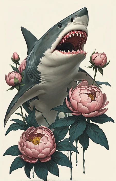 masterpiece,best quality,<lora:tbh336-sdxl:0.6>,illustration,style of massive Swedish shark decaying peonies