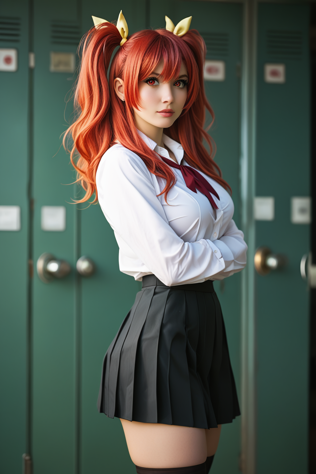 score_9, score_8_up, score_7_up, score_6_up, score_5_up, score_4_up, masterpiece, high quality, BREAK, full body, BREAK, 1girl, BREAK,   <lora:Stella Vermillion:0.8> red hair, twin tails, yellow hairpieces, red eyes, large breasts,  school uniform,