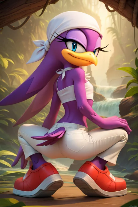 zPDXL2, <lora:WaveSDXL:.7> <lora:Beautiful_CAT_Pony:.8>,
wave the swallow, an avian from the sonic (series), beak, furry avian,white bandana, flat chest, white crop top, white pants, shoes, looking back at viewer, serious, smiling, squatting, from behind, spreading legs, booty, outside, jungle, trees, fog,