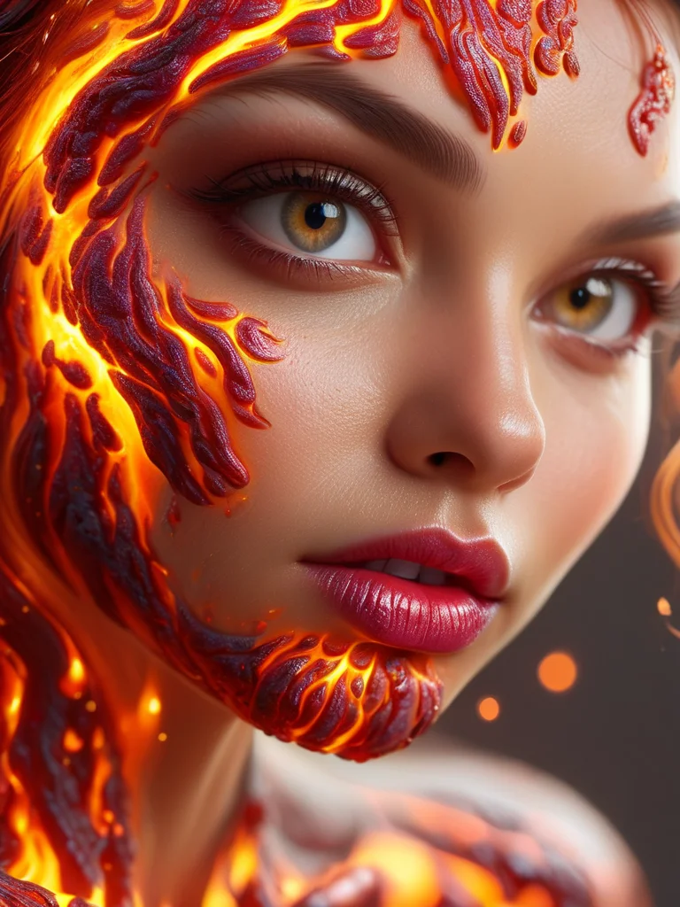 Molten, Lava, <lora:Molten-Fashion-V1:1>, (sharp focus:1.2), portrait, ((posing)), (beautiful face:1.1), detailed eyes, luscious lips, ((skindentation)), (bright studio lighting:1.2), depth of field, bokeh, 4K, HD <lora:ral-lava:1> ral-lava