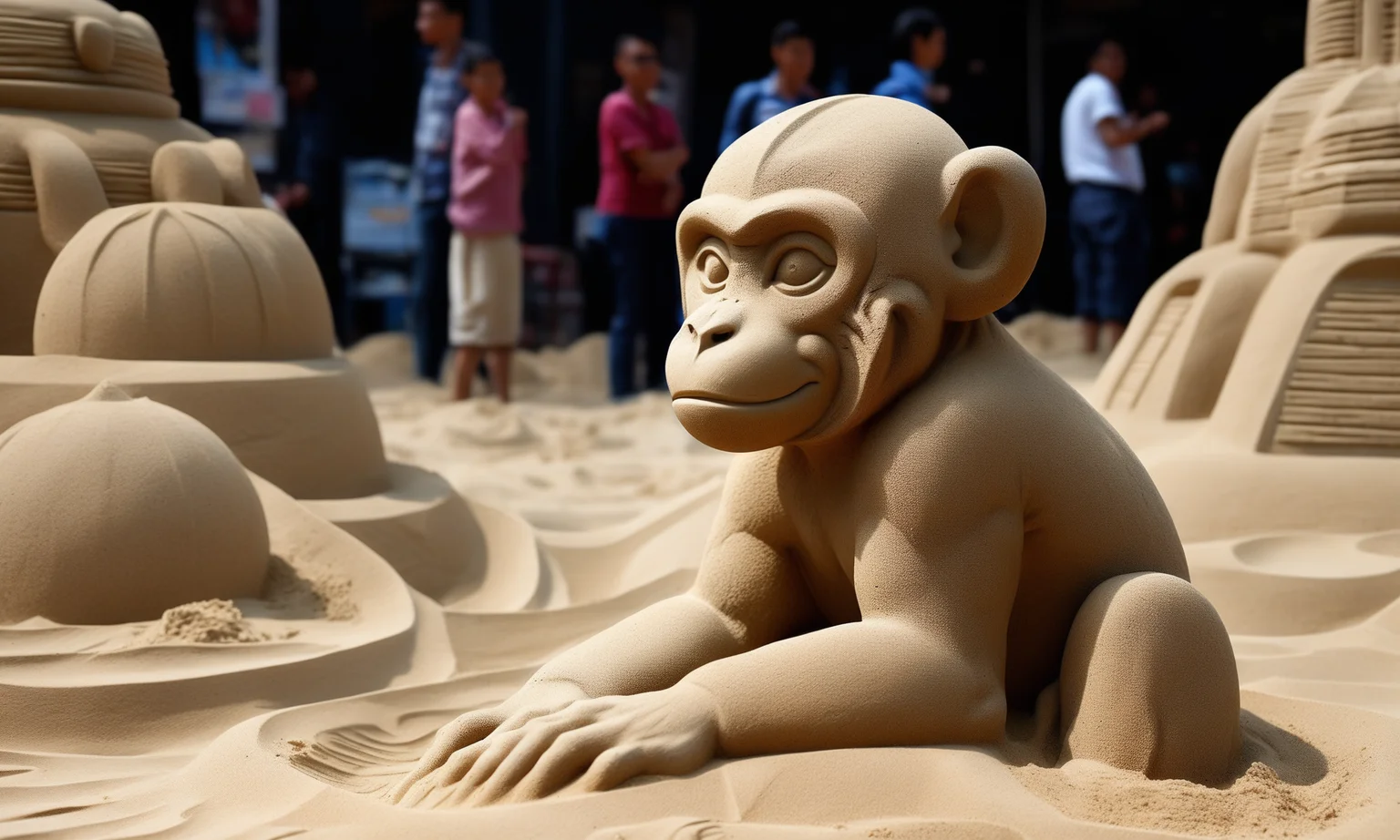 <lora:sandsculpturecd_xl-000006:0.8>,a statue of a monkey made of sand on sandbeach,full body,sandsculpturecd_xl,sand sculpture,outdoors,chinese zodiac,cutie,cute,still life,animal statue,front view,facing viewer,looking at viewer,fine art,(Unbelievable Digital Artwork:1.3),CGSociety,ArtStation,master works, 8K, HDR, UHD, masterpiece, best quality, highly detailed, high resolution, finely detail, extremely detailed, ultra detailed, wallpaper