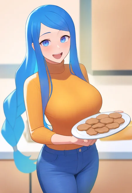 masterpiece, best quality, 1girl, holding plate of cookies, happy, looking at viewer, <lora:LumeraFE-illu:1> lmra, long hair, blue hair, sidelocks, blue eyes, braided ponytail, ribbed sweater, large breasts, jeans, kitchen