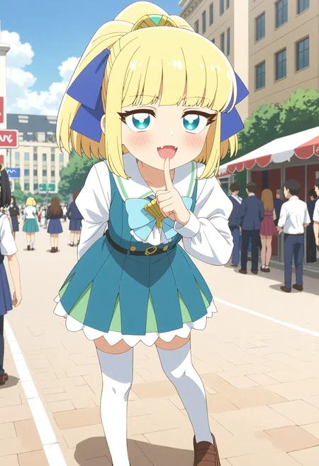 <lora:Hyper-SDXL-8steps-lora:1> <lora:Fixhands_anime_bdsqlsz_V1:1> zPDXL2, score_9, score_8_up, score_7_up, masterpiece, best quality, absurdres, high resolution, 8k, official art, official style, source_anime, uncensored, anime screencap, anime coloring, megami magazine, (ai-generated:0.6),
1girl, okanega_arisu, blonde hair, ponytail, hair ribbon, hair ornament, aqua eyes, aqua dress, white sleeves, bowtie, thighhighs, brown shoes, fang,
standing, hand on own chin, looking at viewer, leaning forward, arm behind back, index finger raised, Pensive, Eyes focused inward, brow furrowed, and lips pursed., outdoors, city, audience, crowd, solo, solo focus,
<lora:PKS-okanega_arisu_XL(pony)v10:1>