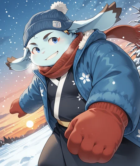amazing quality, colorful, best quality, high quality, dynamic pose, dynamic angle, , high angle, looking away, attack, sunset, fighting stance,
<lora:inaba-v5-000010:0.9> t-inaba, BREAK anthro rabbit, rabbit boy, 1boy, young, furry, (aged_up:0.5), winter_clothes, pom_pom_beanie, black_yukata, red_scarf, red_mittens, blue winter_jacket, yellow sash, perspective, upper body, snowing, snowball_fight, smile, teeth, parted lips,