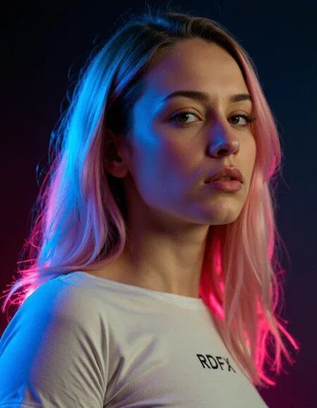 realistic beautiful instagram digital influencer woman, closed mouth not showing teeth , low light,white shirt with "RDFX" written on it,pink hair,dramatic light