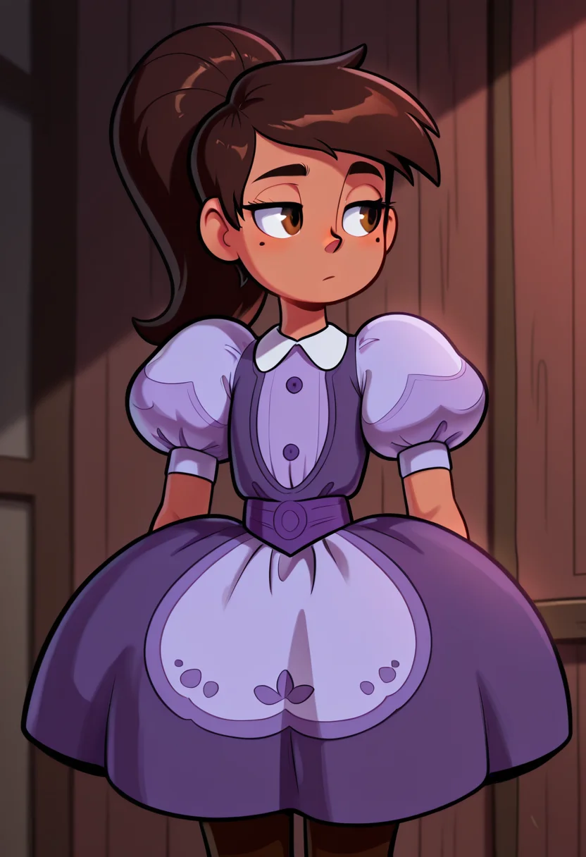 masterpiece, best quality, very aesthetic, absurdres, 1 boy, solo, Marco_Diaz, brown skin, brown eyes, brown hair, long hair, ponytail, purple dress, short sleeves, puffy sleeves, brown pants, standing, mole under one eye, <lora:Smooth_Booster_v2:0.25>, <lora:Marco_Diaz_SVTFOE__Illustrious:1>, <lora:TheOtherHalf_pXL:1>