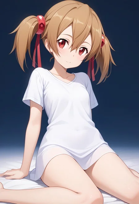 score_9, score_8_up, score_7_up, score_6_up, source_anime, highres, hi res, best quality, masterpiece, 2d, intricate details, official style, anime, 4k, anime style, 1girl, solo, female, long hair, red eyes, brown hair, hair ornament, hair between eyes, ribbon, twintails, hair ribbon, short twintails, 
No pants, only shirt, white shirt, short sleeves, detailled body, detailled legs
silica, sword art online  <lora:Silica_Pony:1>