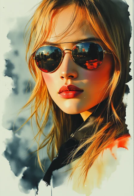 mwv7_alpha_v01, ArsMJStyle, Expressive Watercolor Ink Wash, closeup portrait of stunning japanese woman, long loose blonde hair, bangs, mirrored aviator sunglasses reflecting a city street