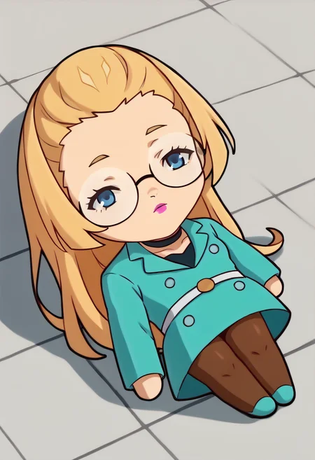 score_9, score_8_up, score_7_up, source_anime, 1girl, <lora:QiqiFallen_XLPD:1.2> QiqiFallen, lying, on back, chibi, sidewalk, <lora:SilviaVJ-pdxl:1> silvia, blonde hair, long hair, glasses, round eyewear, blue eyes, lipstick, pink lips, choker, aqua jacket, long sleeves, white belt, aqua skirt, pantyhose, high heels