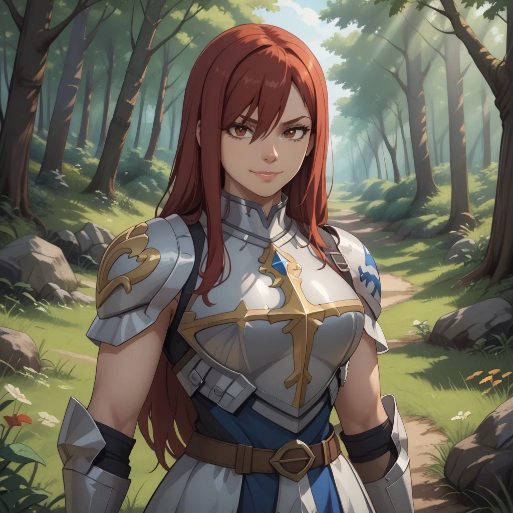 score_9, score_8, BREAK, (Solo), (Erza Scarlet, long hair, red hair), (armor), (blue tattoo), sexy pose, self portrait, smile, outdoors, sunlight, shadows, evening lighting, natural lighting, forest, trees, grass, orange sky, sunset