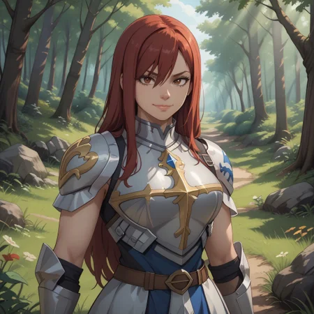 score_9, score_8, BREAK, (Solo), (Erza Scarlet, long hair, red hair), (armor), (blue tattoo), sexy pose, self portrait, smile, outdoors, sunlight, shadows, evening lighting, natural lighting, forest, trees, grass, orange sky, sunset