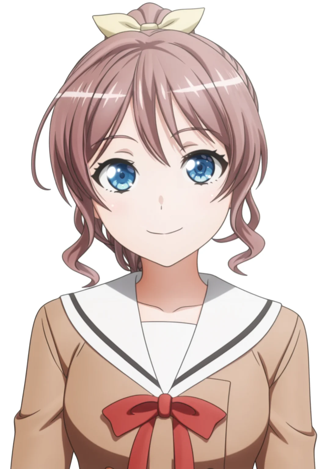 best quality, masterpiece, anime screencap, simple background, solid white background, 1girl, solo, looking at viewer, upper body,
<lora:S4aya:1> brown hair, ponytail, blue eyes, s4aya, yamabuki saya, yellow ribbon, hair ribbon, smile, hanasakigawa school uniform,